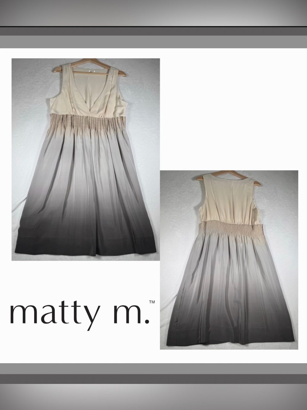 Matty M 100% Silk Cream to Charcoal Ombre V-Neck Sleeveless Dress Size M